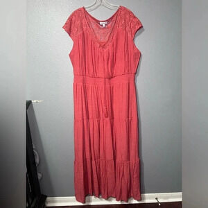 NWOT Wmns Luxology Orange/Pink Tiered Maxi Dress Crochet Lightweight Boho Sz 3X.